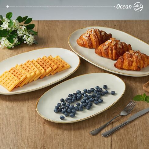 famiware Serving Platter, Oval 15.59/14.3/12.9 inch Serving Dishes for Entertaining, Serving Bowls, Microwave Safe, Stonware Serving Trays for Party, Turkey, Cheese, Ocean Series, Vanilla White in Saudi Arabia