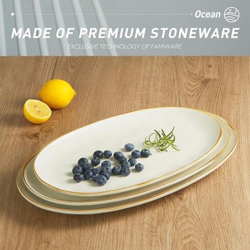 famiware Serving Platter, Oval 15.59/14.3/12.9 inch Serving Dishes for Entertaining, Serving Bowls, Microwave Safe, Stonware Serving Trays for Party, Turkey, Cheese, Ocean Series, Vanilla White in Saudi Arabia
