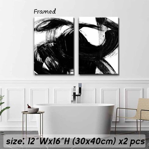 2 Pcs Framed Black and White Abstract Line Canvas Wall Art Modern Contemporary Pictures Paintings Prints Artwork Wall Decor for Living room Bedroom Bathroom Office Home Decoration (16×24 inch×2pcs) in Kuwait