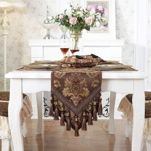 vctops Vintage Luxury Jacquard Damask Floral Table Runners Tea Table Decoration with Multi-Tassels 13"x117" Coffee in Kuwait