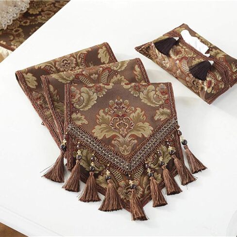 vctops Vintage Luxury Jacquard Damask Floral Table Runners Tea Table Decoration with Multi-Tassels 13"x117" Coffee in Kuwait