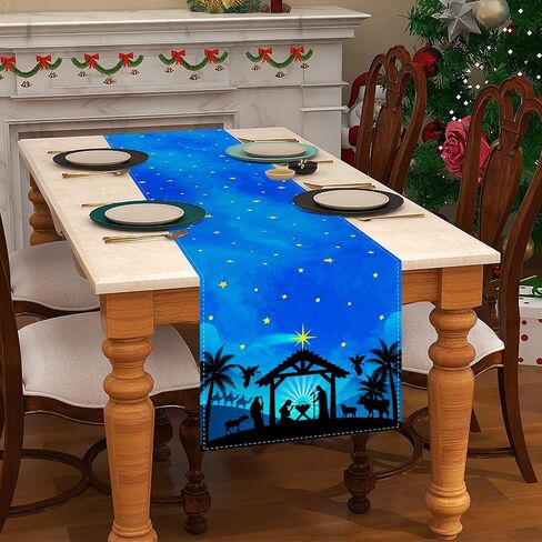 الكتان الأزرق عيد الميلاد مشهد المهد الجدول عداء ليلة المقدسة ديكور ميلاد يسوع عيد الميلاد الدينية مدير مشهد الزينة واللوازم 13x72 بوصة in Kuwait