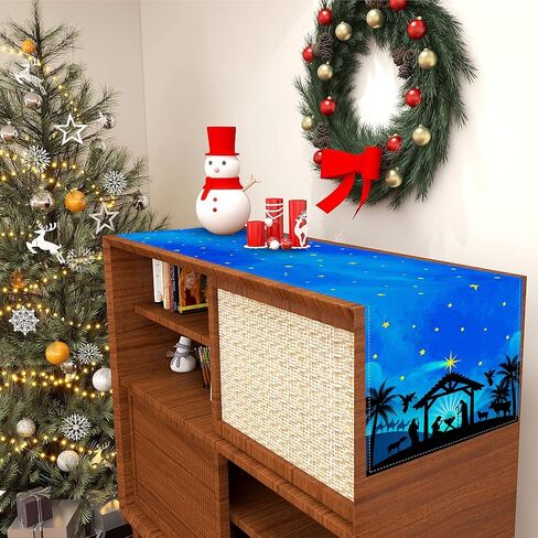 الكتان الأزرق عيد الميلاد مشهد المهد الجدول عداء ليلة المقدسة ديكور ميلاد يسوع عيد الميلاد الدينية مدير مشهد الزينة واللوازم 13x72 بوصة in Kuwait