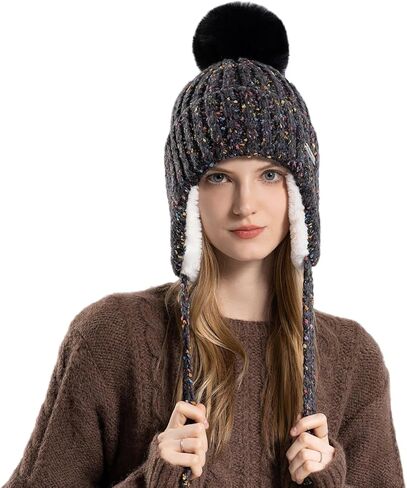 HUAMULAN النساء الشتاء شيربا قبعات صغيرة متماسكة الأذن اللوحات بيرو غطاء آذان صوف مبطن رقيق تزلج الثلوج قبعة Pompom in Kuwait