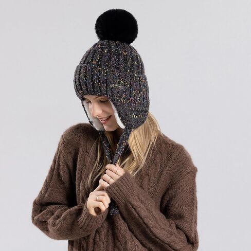 HUAMULAN النساء الشتاء شيربا قبعات صغيرة متماسكة الأذن اللوحات بيرو غطاء آذان صوف مبطن رقيق تزلج الثلوج قبعة Pompom in Kuwait