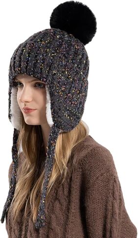 HUAMULAN النساء الشتاء شيربا قبعات صغيرة متماسكة الأذن اللوحات بيرو غطاء آذان صوف مبطن رقيق تزلج الثلوج قبعة Pompom in Kuwait