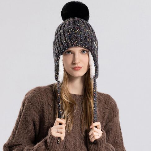 HUAMULAN النساء الشتاء شيربا قبعات صغيرة متماسكة الأذن اللوحات بيرو غطاء آذان صوف مبطن رقيق تزلج الثلوج قبعة Pompom in Kuwait