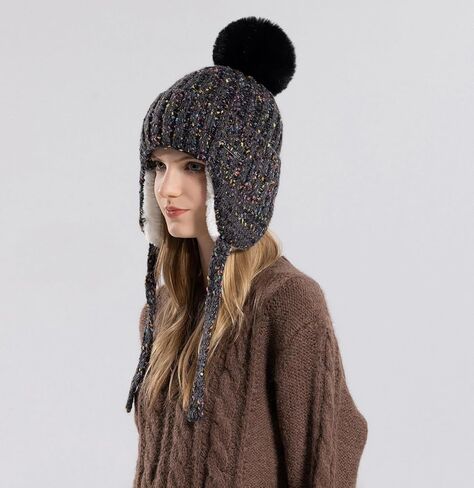 HUAMULAN النساء الشتاء شيربا قبعات صغيرة متماسكة الأذن اللوحات بيرو غطاء آذان صوف مبطن رقيق تزلج الثلوج قبعة Pompom in Kuwait