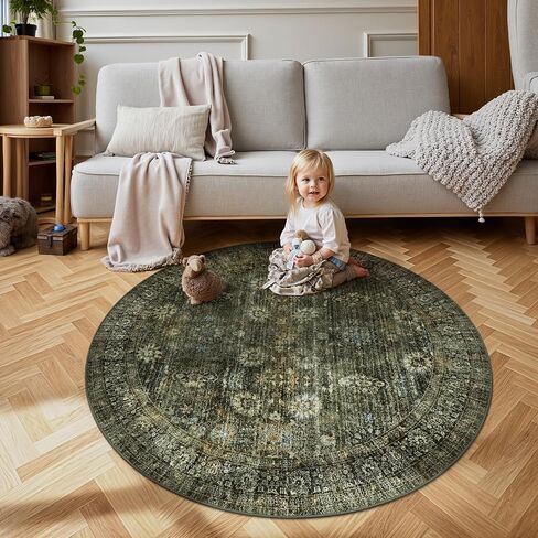 Green Washable Rugs 5x7 Living Room Rug Non Slip Rugs for Bedroom,Traditional Border Vintage Foldable Stain Resistant Low Pile Indoor Throw Carpet for Home Office Dining Table,Green/Grey in Saudi Arabia