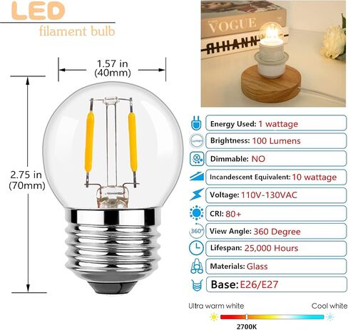 G40 E26 1W Low Wattage LED Vintage Bulbs Small Globe Nightlight 10 Watt Edison Style Bulb, 2700K Warm White Non Dimmable 6Pack in Saudi Arabia