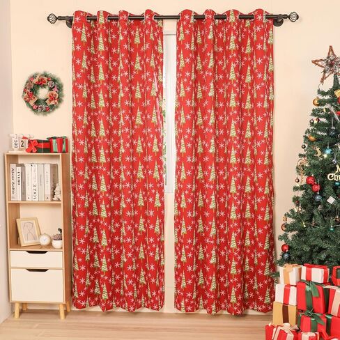 Xmas Curtain Set of 2 Snowflake Pine Print Curtains Semi Blackout Grommets Top Machine Wash 52" W x 84" L Red in Kuwait