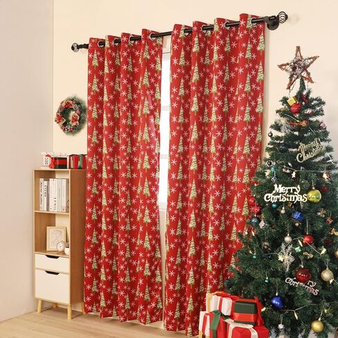 Xmas Curtain Set of 2 Snowflake Pine Print Curtains Semi Blackout Grommets Top Machine Wash 52" W x 84" L Red in Kuwait