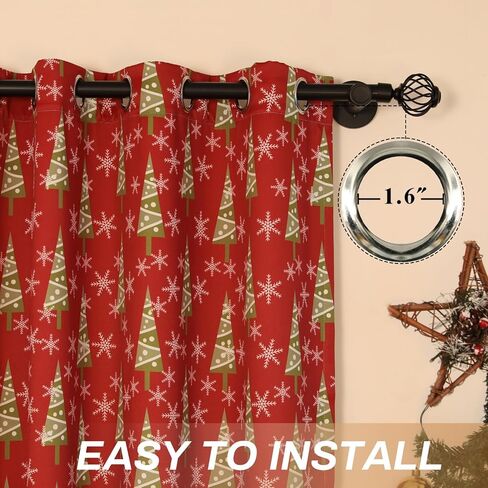 Xmas Curtain Set of 2 Snowflake Pine Print Curtains Semi Blackout Grommets Top Machine Wash 52" W x 84" L Red in Kuwait