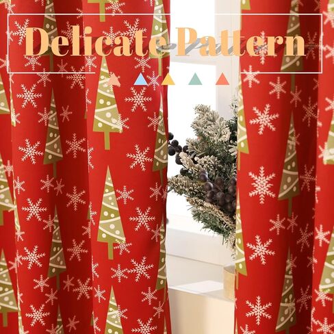 Xmas Curtain Set of 2 Snowflake Pine Print Curtains Semi Blackout Grommets Top Machine Wash 52" W x 84" L Red in Kuwait