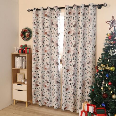 Xmas Curtain Set of 2 Snowflake Pine Print Curtains Semi Blackout Grommets Top Machine Wash 52" W x 84" L Red in Kuwait