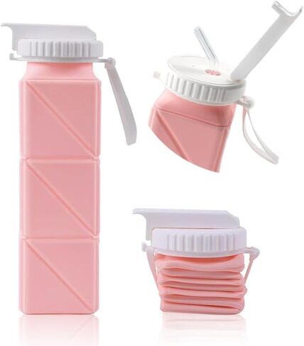 EOBTAIN Pink Travel Collapsible Water Bottle with Straw 20oz BPA Free Portable Silicone Foldable Water Bottles Cups,Lightweight Durable Sports Water Bottles for Hiking,Camping,Gym in Saudi Arabia