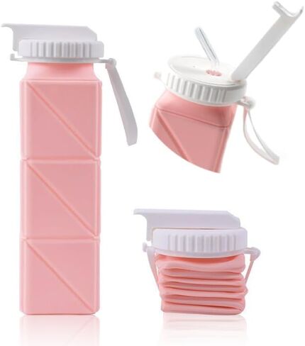 EOBTAIN Pink Travel Collapsible Water Bottle with Straw 20oz BPA Free Portable Silicone Foldable Water Bottles Cups,Lightweight Durable Sports Water Bottles for Hiking,Camping,Gym in Saudi Arabia
