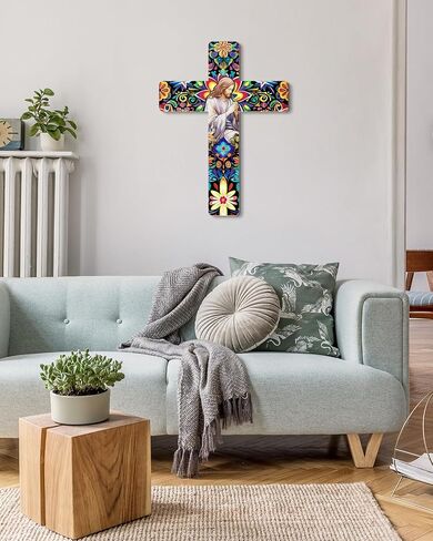 Putuo Decor Floral Cross Wall Decor Painted Decorative Wooden Inspirational Cross Spanish Style Wall Cross Decor Mexican Art Wall Decor Crucifix for Home Room Church Decoration in Saudi Arabia
