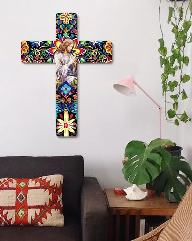 Putuo Decor Floral Cross Wall Decor Painted Decorative Wooden Inspirational Cross Spanish Style Wall Cross Decor Mexican Art Wall Decor Crucifix for Home Room Church Decoration in Saudi Arabia