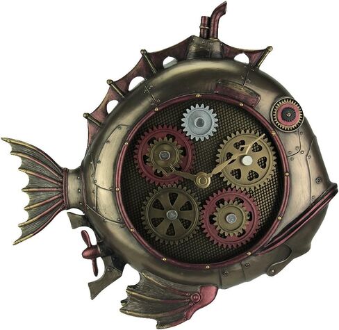تصميم Veronese 30.48 سم طويل القامة Steampunk Deep Sea Dweller Fish Submarine ساعة حائط مع زخرفة تروس آلية بلمسة نهائية برونزية عتيقة من الراتنج المصبوب البارد على الحائط in Saudi Arabia
