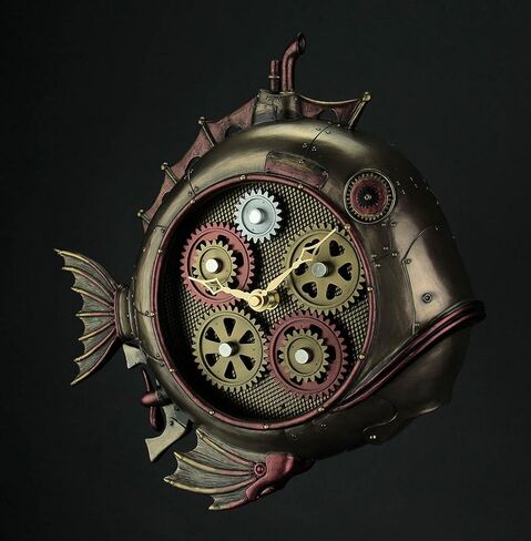 تصميم Veronese 30.48 سم طويل القامة Steampunk Deep Sea Dweller Fish Submarine ساعة حائط مع زخرفة تروس آلية بلمسة نهائية برونزية عتيقة من الراتنج المصبوب البارد على الحائط in Saudi Arabia