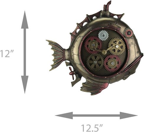 تصميم Veronese 30.48 سم طويل القامة Steampunk Deep Sea Dweller Fish Submarine ساعة حائط مع زخرفة تروس آلية بلمسة نهائية برونزية عتيقة من الراتنج المصبوب البارد على الحائط in Saudi Arabia