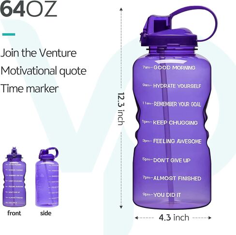 Venture Pal 64 OZ Water Bottle with Motivational Time Marker & Straw - Leakproof BPA Free Reusable Flip Top Water Bottle for Sports and Fitness Enthusiasts in Saudi Arabia