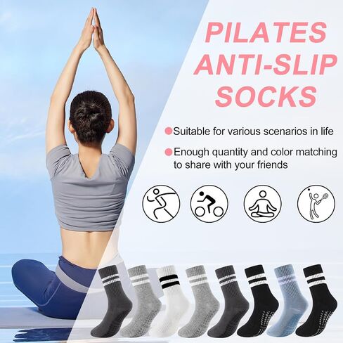 8 Pairs Pilates Socks with Grips for Women Yoga Athletic Socks Pilates Grip Socks Long Gym Athletic Socks in Saudi Arabia