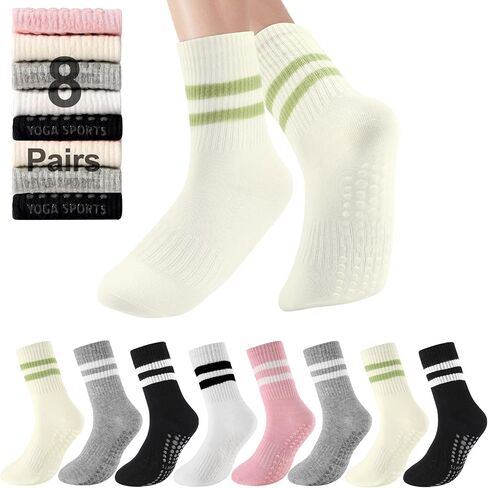 8 Pairs Pilates Socks with Grips for Women Yoga Athletic Socks Pilates Grip Socks Long Gym Athletic Socks in Saudi Arabia