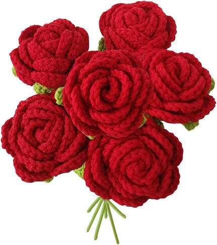 JOONOR 6PCS Hand-Woven Roses,Knitting Crochet Flower Bouquet,Crochet Handmade Red Rose Artificial Flowers,Wedding Decor Suitable for Anniversaries Celebrations Birthday Gift.Red in Saudi Arabia