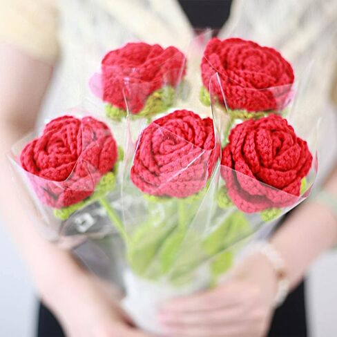 JOONOR 6PCS Hand-Woven Roses,Knitting Crochet Flower Bouquet,Crochet Handmade Red Rose Artificial Flowers,Wedding Decor Suitable for Anniversaries Celebrations Birthday Gift.Red in Saudi Arabia