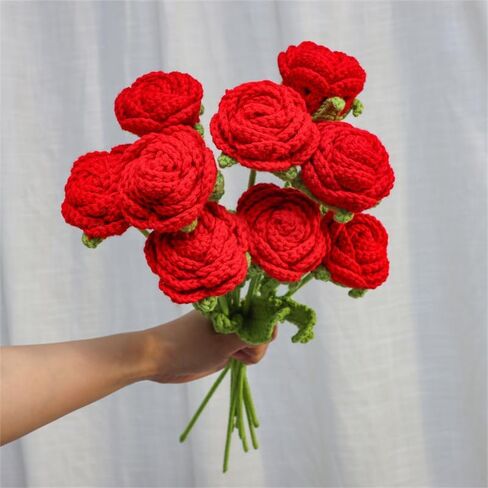 JOONOR 6PCS Hand-Woven Roses,Knitting Crochet Flower Bouquet,Crochet Handmade Red Rose Artificial Flowers,Wedding Decor Suitable for Anniversaries Celebrations Birthday Gift.Red in Saudi Arabia
