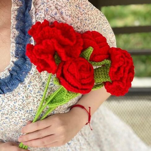 JOONOR 6PCS Hand-Woven Roses,Knitting Crochet Flower Bouquet,Crochet Handmade Red Rose Artificial Flowers,Wedding Decor Suitable for Anniversaries Celebrations Birthday Gift.Red in Saudi Arabia