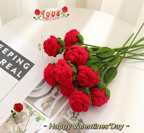 JOONOR 6PCS Hand-Woven Roses,Knitting Crochet Flower Bouquet,Crochet Handmade Red Rose Artificial Flowers,Wedding Decor Suitable for Anniversaries Celebrations Birthday Gift.Red in Saudi Arabia