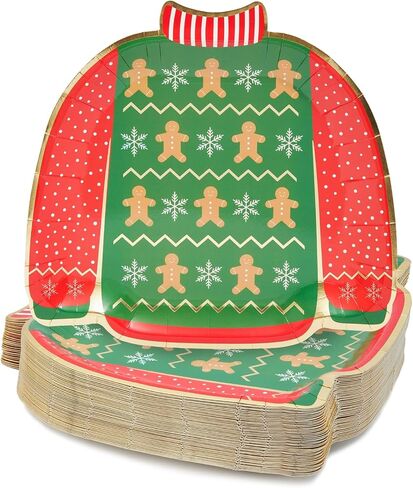 BLUE PANDA 48 Pack Ugly Christmas Sweater Paper Plates with Gingerbread Design for Holiday Party (9.5 In) in Saudi Arabia
