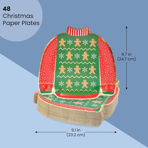 BLUE PANDA 48 Pack Ugly Christmas Sweater Paper Plates with Gingerbread Design for Holiday Party (9.5 In) in Saudi Arabia