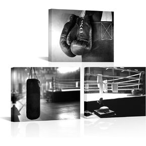 RnnJoile 3 Piece Boxing Canvas Wall Art Gym Pictures for Home Wall Decor Black White Painting Artwork Framed 12"x16" (Small)