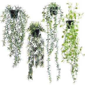 4 Pcs Artificial Hanging Plants Fake Eucalyptus Potted Plant Premium Fake Ivy Vine Faux Succulent Plant Realistic Textured for Living Room Table Garden Wall Decor