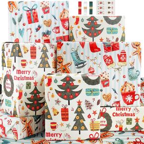Kids Christmas Wrapping Paper Sheets,Children Christmas Gift Wrapping Paper Christmas Gift Wrap Set with Sticker Ribbon,XMAS Gift Wrap Christmas Rapping Paper with Red Green Deer Tree Santa Design,XMAS Wrapping Paper for Present Wrapping Paper,Christmas P