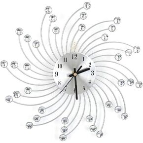 TOPINCN 3D Crystal Wall Clock, Modern Silver Metal -Studded Metal Wall Clock for Living Room Bedroom Decor