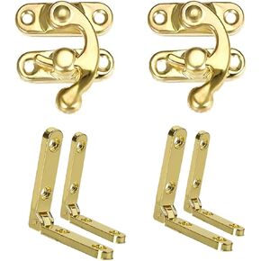 WANLIAN Antique Mini 90 Degree Golden Box Hinges and 2 Sets Zinc Alloy Gold Tone Right Latch Hook Hasp with Screws for Wood Jewelry Box (2 Pack Set/Gold)