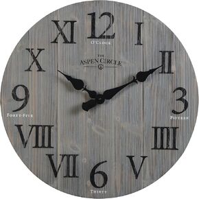 Elias Wall Clock, Gray 24 Inch Round Solid Wood Roman Numeral Farmhouse Decor for Living Room, Kitchen