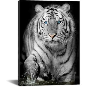 Black & White Tiger Canvas Wall Art Wild Animal Picture Wall Decoration Blue Eyed Tiger Prints on Canvas for Living Room Bedroom Modern Home Decor Ready to Hang 12x16 Inch Stretched and Framed Artwork