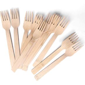 Bamboo Utensils Disposable- 100 PK Bamboo Forks Disposable 100% Compostable Biodegradable Renewable Natural Cutlery Fork 6.7" for Travelling Camping