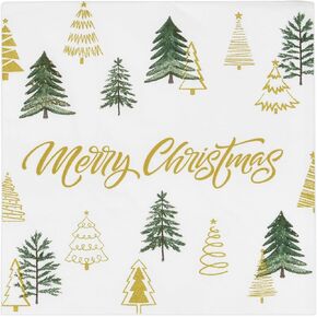 100 Merry Christmas Tree Cocktail Beverage Napkins Disposable Paper Decorative Elegant Xmas Green & Gold Trees Dessert Dinner Hand Napkin for Winter Holiday Wedding Party Supplies Tableware Decoration