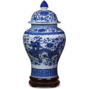 Jingdezhen Classic Blue and White Porcelain Dragon Temple Ceramic Ginger Jar Vase,China Ming Style,Height 15"(38cm)