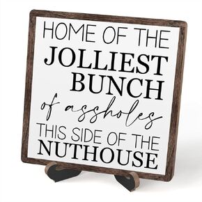 Christmas Desk Decor Sign, Christmas Decorations Indoor, Home Of The Jolliest Bunch Sign For Home Room Table Shelf, Winter Christmas Gifts For Family Friend Coworker, Wooden Sign With Stand, SD11