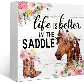 Mtrgdn Life is Better in the Saddle Wood Box Sign Desk Decor Rustic Floral Horse and Cowgirl Boots Wooden Box Block Sign Decorations for Home Living Room Wall Tabletop Desk Decor