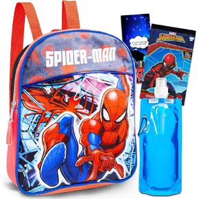 Marvel Spiderman Mini Backpack For Boys, Kids - 4 Pc Bundle With 11" Spiderman School Bag For Kids, Water Pouch, Stickers, And More | Spiderman Preschool Supplies