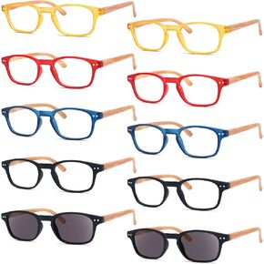 Eyekepper 10 Pack Reading Glasses Spring Hinges Wood-Grain Printed Arms Include 2 Reading Sunglasses +1.75